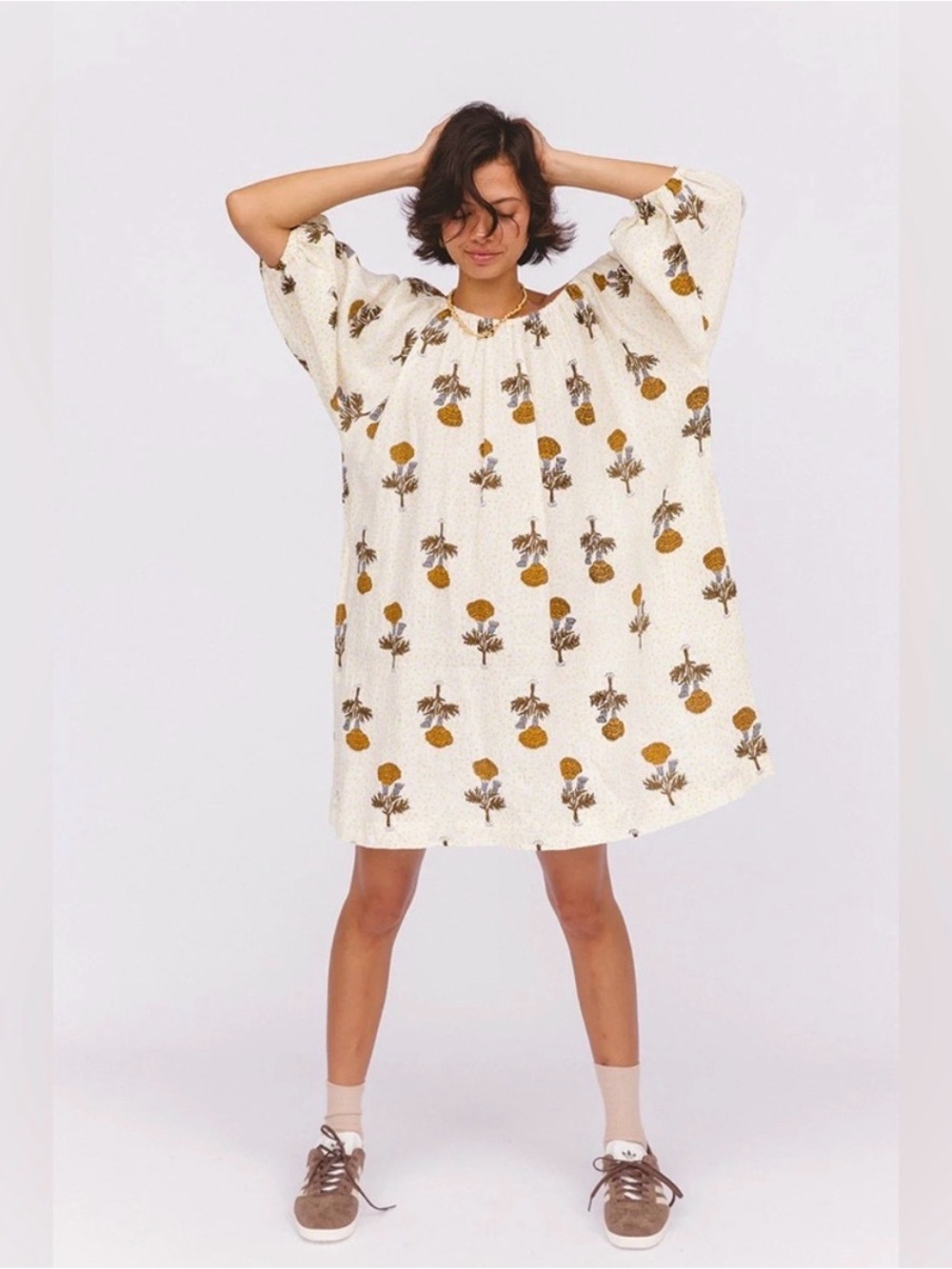 New Daughters of India Floral Linen Puff Sleeve Mini Dress Large